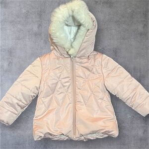 Mini Mac Girls Coat 18 Months Pink Faux Fur Hood Pom Pom Quilted